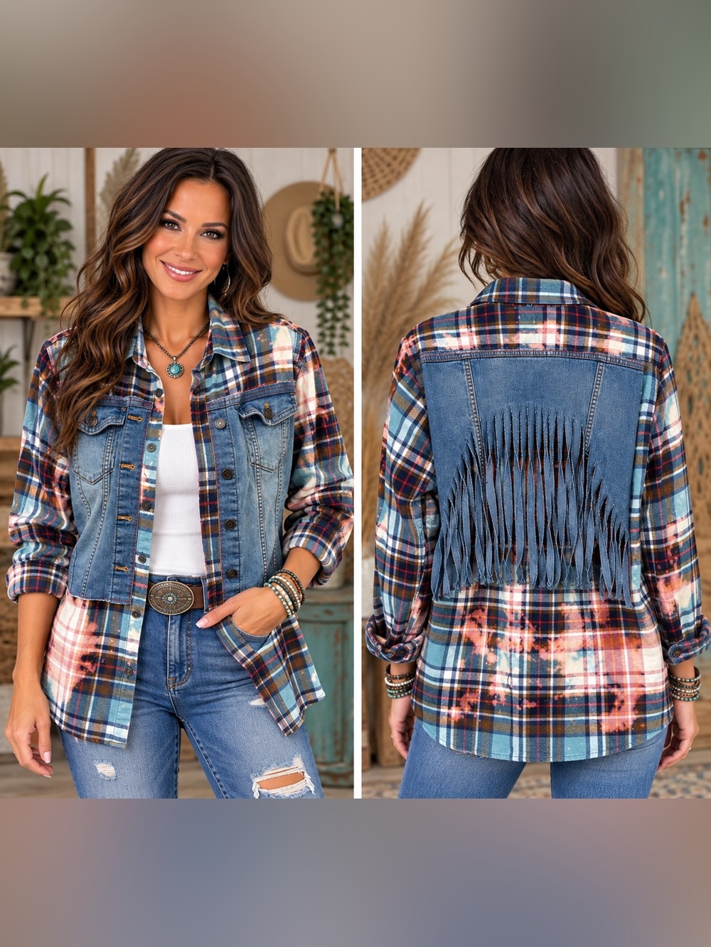 Upcycled Eddie Bauer bleached flannel Mixed-Media Denim Jacket